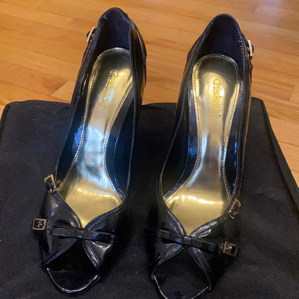 Black stiletto peep toe heels